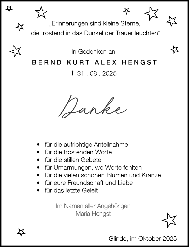  Traueranzeige für Bernd Kurt Alex Hengst vom 11.10.2025 aus MARKT Glinde/Reinfeld