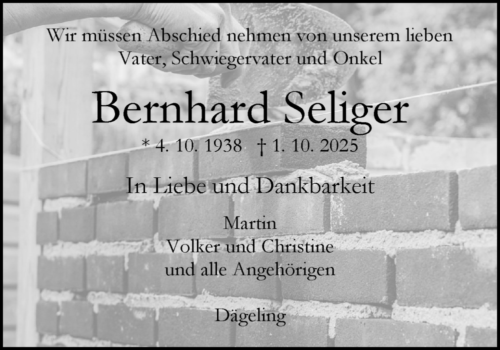 Traueranzeige für Bernhard Seliger vom 11.10.2025 aus Norddeutsche Rundschau, Wilstersche Zeitung, Glückstädter Fortuna