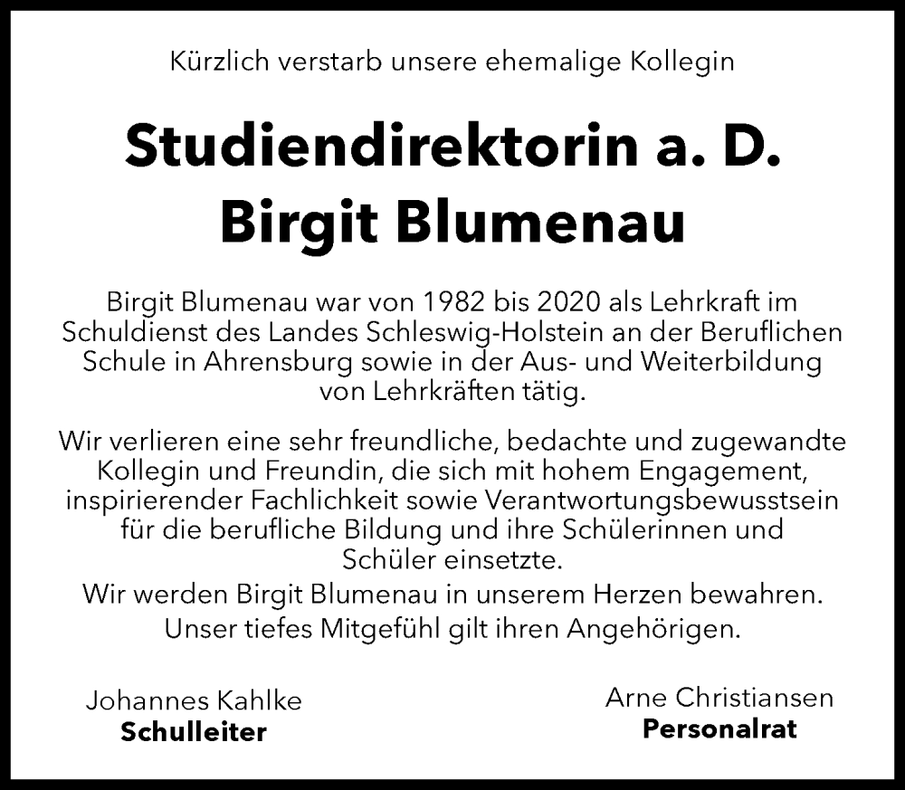  Traueranzeige für Birgit Blumenau vom 14.10.2025 aus Stormarner Tageblatt