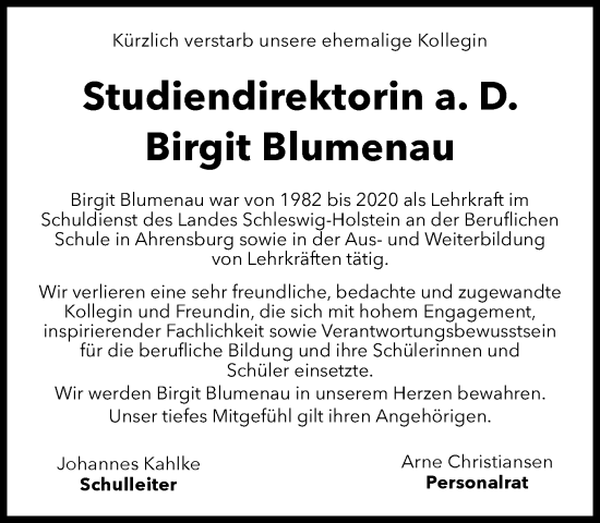 Traueranzeige von Birgit Blumenau von Stormarner Tageblatt