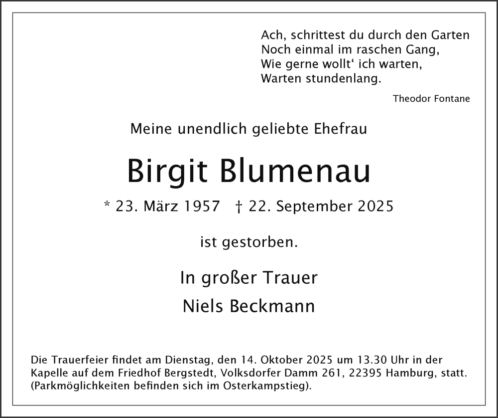  Traueranzeige für Birgit Blumenau vom 04.10.2025 aus Sylter Rundschau