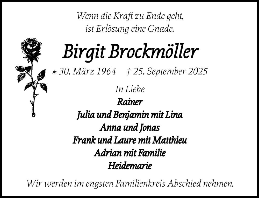  Traueranzeige für Birgit Brockmöller vom 04.10.2025 aus Wochenend Anzeiger