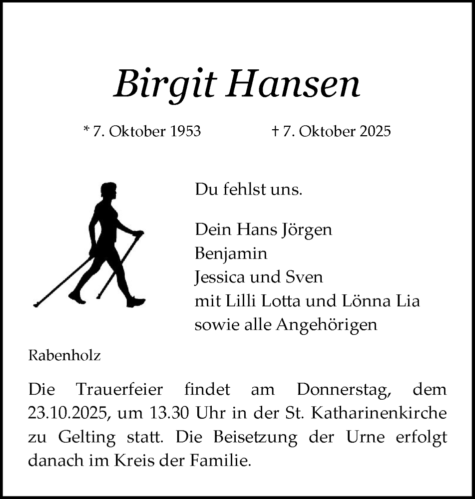  Traueranzeige für Birgit Hansen vom 18.10.2025 aus Flensburger Tageblatt, Schleswiger Nachrichten, Schlei-Bote