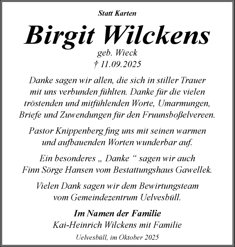  Traueranzeige für Birgit Wilckens vom 25.10.2025 aus Husumer Nachrichten, Nordfriesland Tageblatt