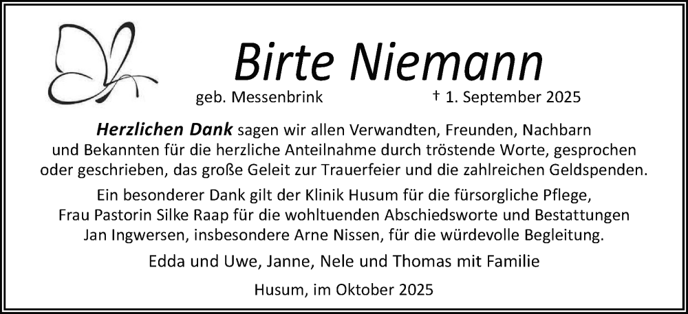  Traueranzeige für Birte Niemann vom 25.10.2025 aus Husumer Nachrichten, Nordfriesland Tageblatt