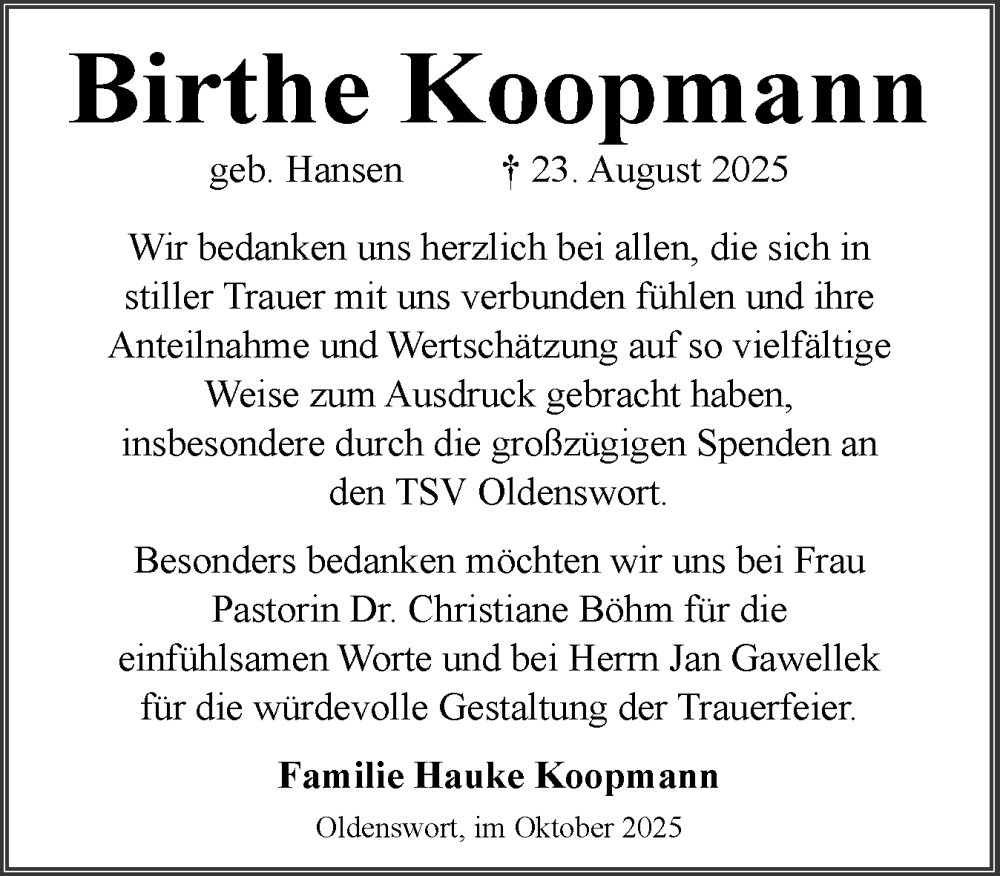  Traueranzeige für Birthe Koopmann vom 10.10.2025 aus Husumer Nachrichten, Nordfriesland Tageblatt