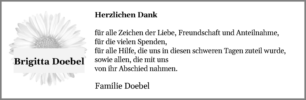  Traueranzeige für Brigitta Doebel vom 25.10.2025 aus Schleswig-Holsteinische Landeszeitung