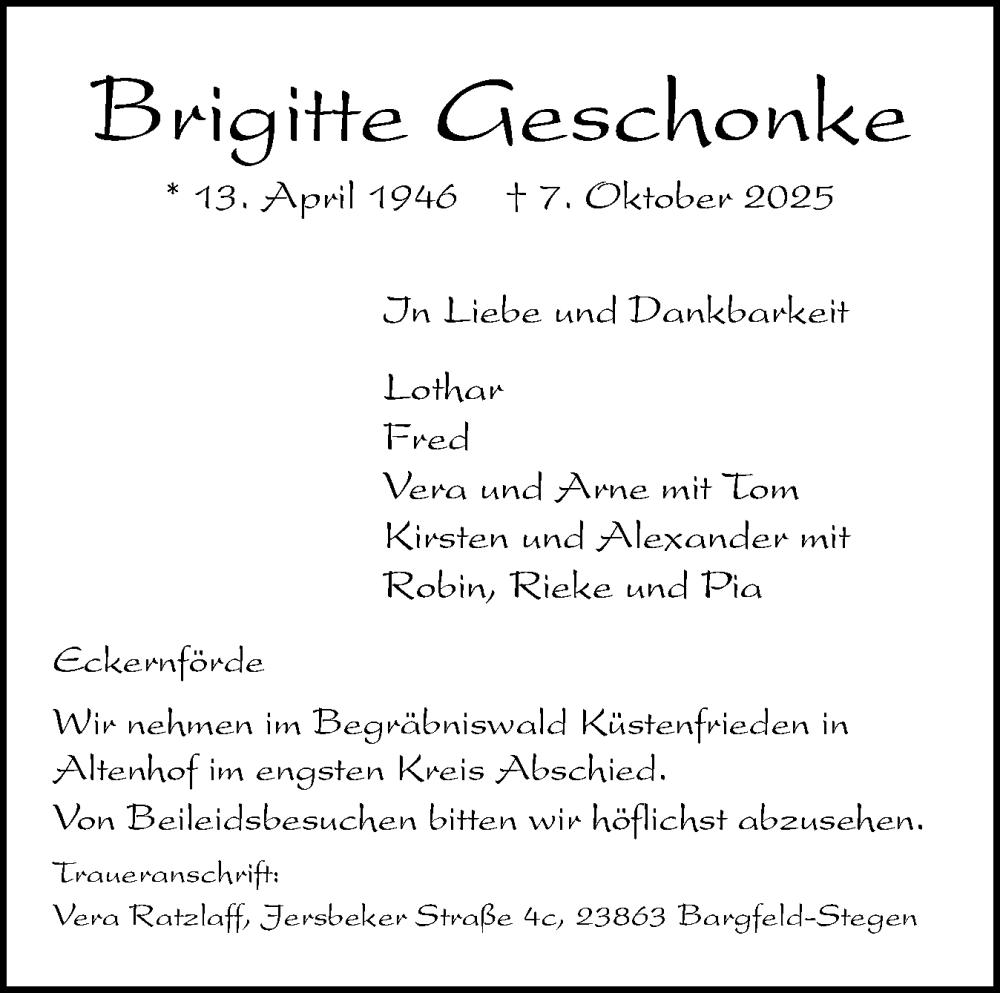  Traueranzeige für Brigitte Geschonke vom 18.10.2025 aus Eckernförder Zeitung, Hallo Eckernförde