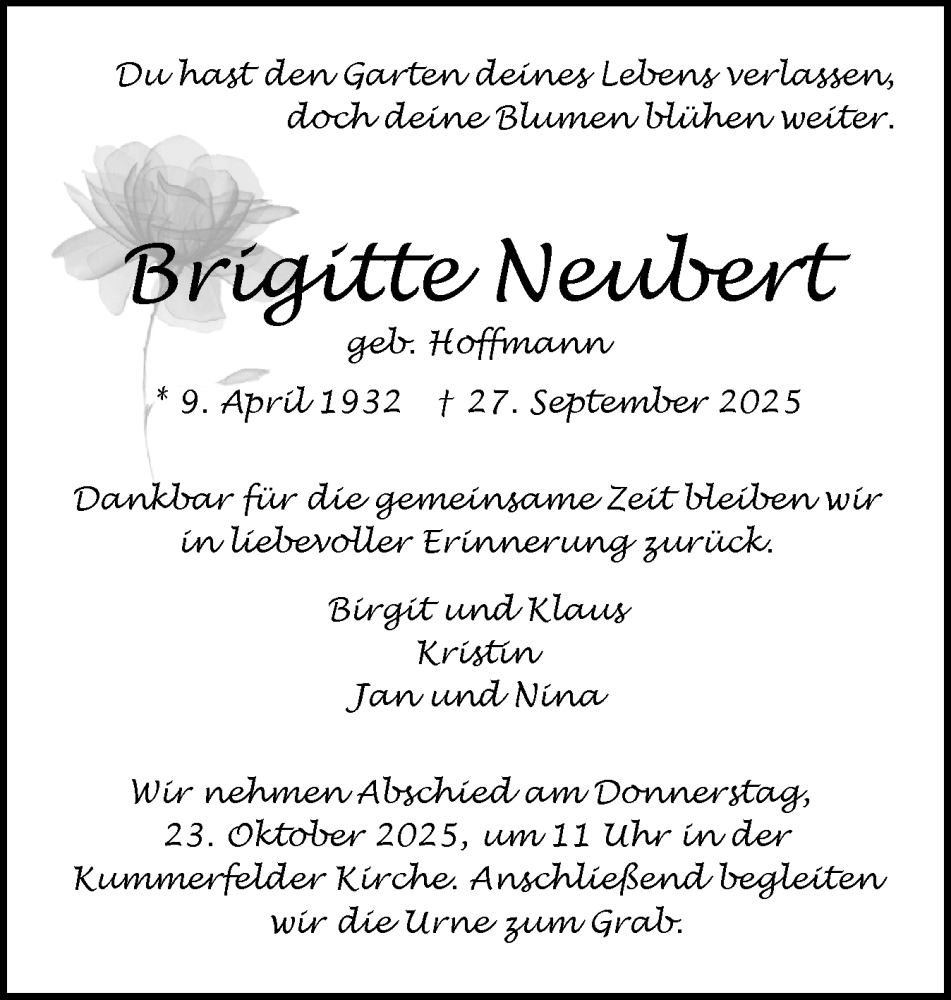  Traueranzeige für Brigitte Neubert vom 18.10.2025 aus Region Pinneberg und tip Pinneberg