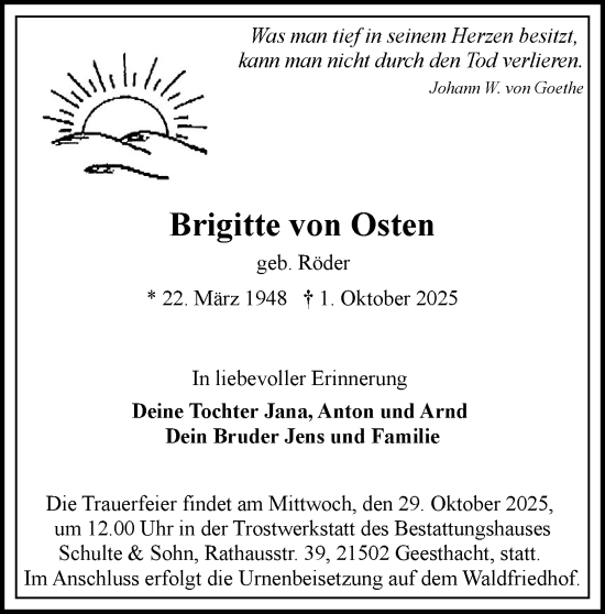 Traueranzeige von Brigitte von Osten von Wochenend Anzeiger