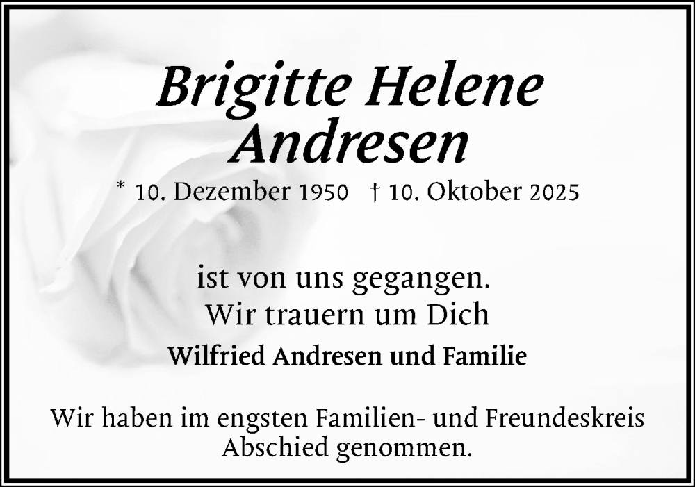  Traueranzeige für Brigitte Helene Andresen vom 01.11.2025 aus Flensburger Tageblatt