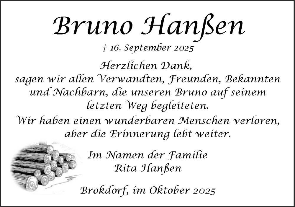  Traueranzeige für Bruno Hanßen vom 11.10.2025 aus Norddeutsche Rundschau, Wilstersche Zeitung, Glückstädter Fortuna