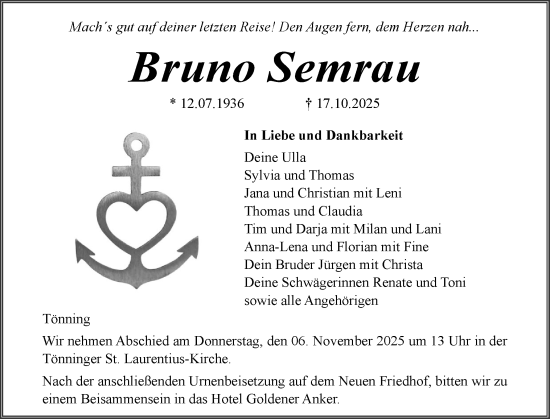 Traueranzeige von Bruno Semrau von Husumer Nachrichten, Nordfriesland Tageblatt