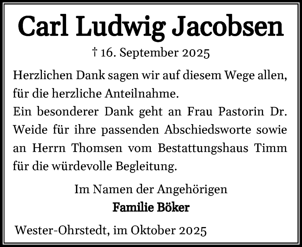  Traueranzeige für Carl Ludwig Jacobsen vom 25.10.2025 aus Husumer Nachrichten, Nordfriesland Tageblatt