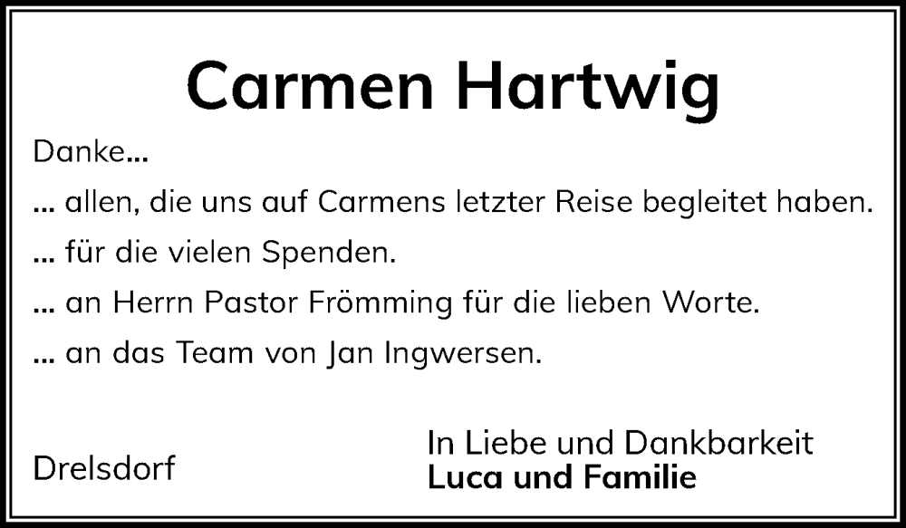  Traueranzeige für Carmen Hartwig vom 01.11.2025 aus Husumer Nachrichten, Nordfriesland Tageblatt