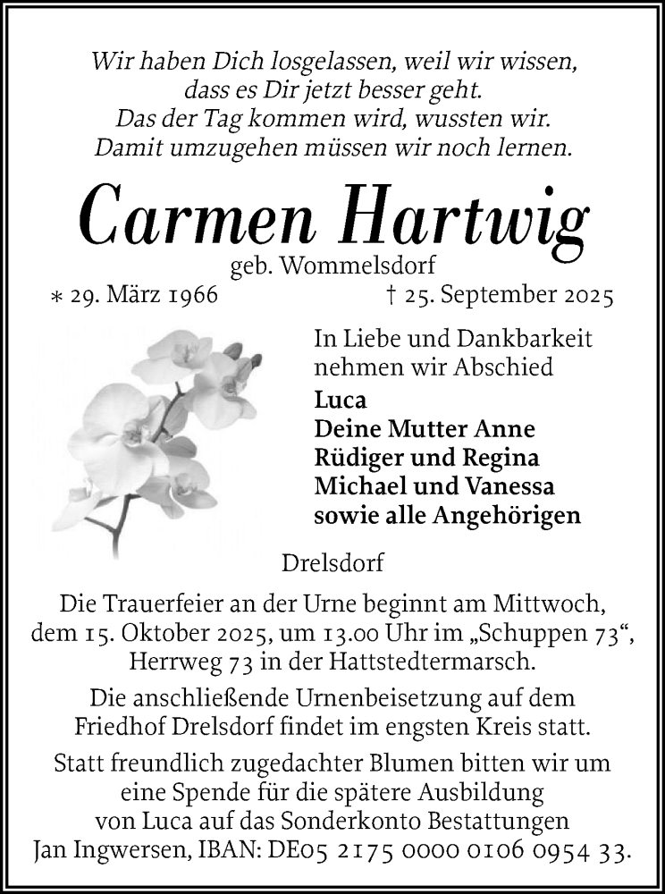  Traueranzeige für Carmen Hartwig vom 04.10.2025 aus Husumer Nachrichten, Nordfriesland Tageblatt