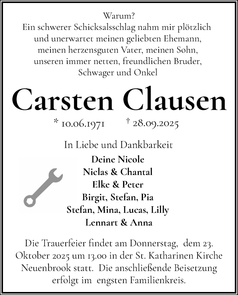  Traueranzeige für Carsten Clausen vom 18.10.2025 aus Norddeutsche Rundschau, Wilstersche Zeitung, Glückstädter Fortuna