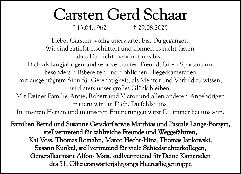  Traueranzeige für Carsten Gerd Schaar vom 04.10.2025 aus MARKT Ahrensburg/Bargteheide/Trittau und Stormarner Tageblatt