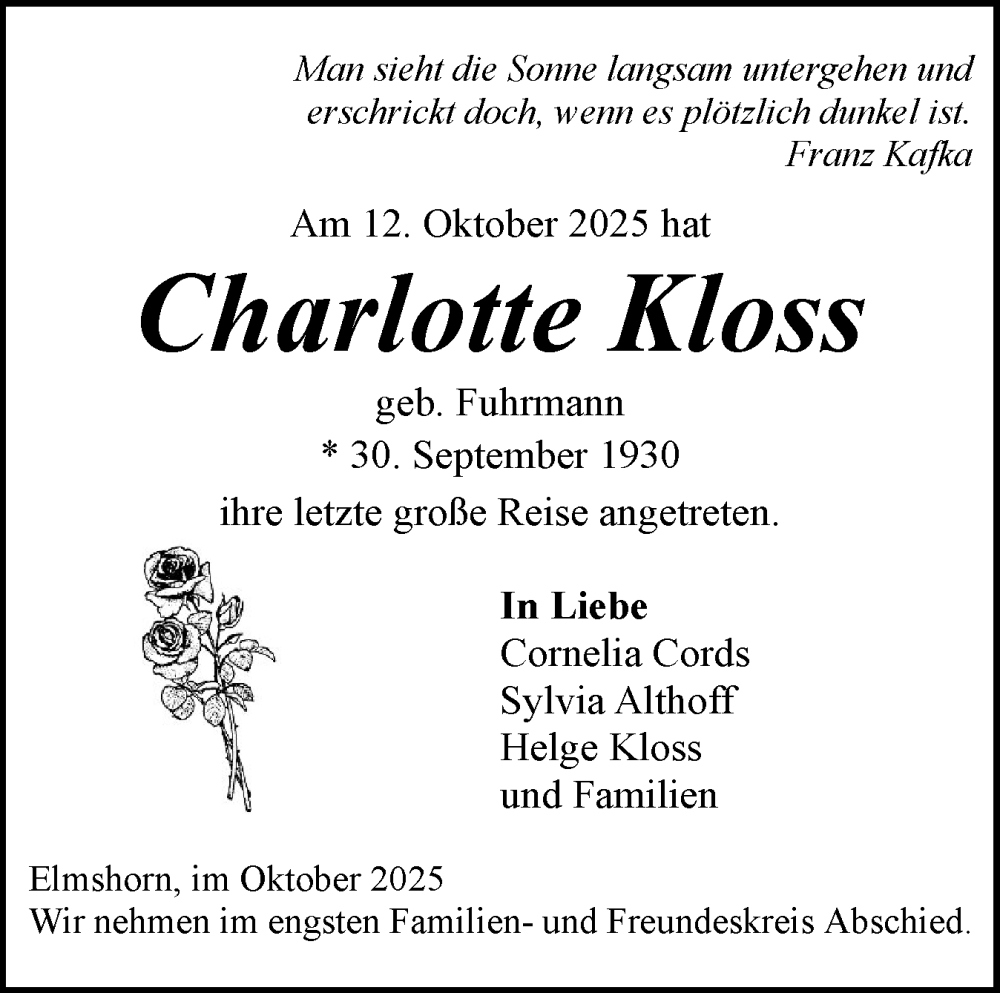 Traueranzeige für Charlotte Kloss vom 18.10.2025 aus Elmshorner Nachrichten, Barmstedter Zeitung