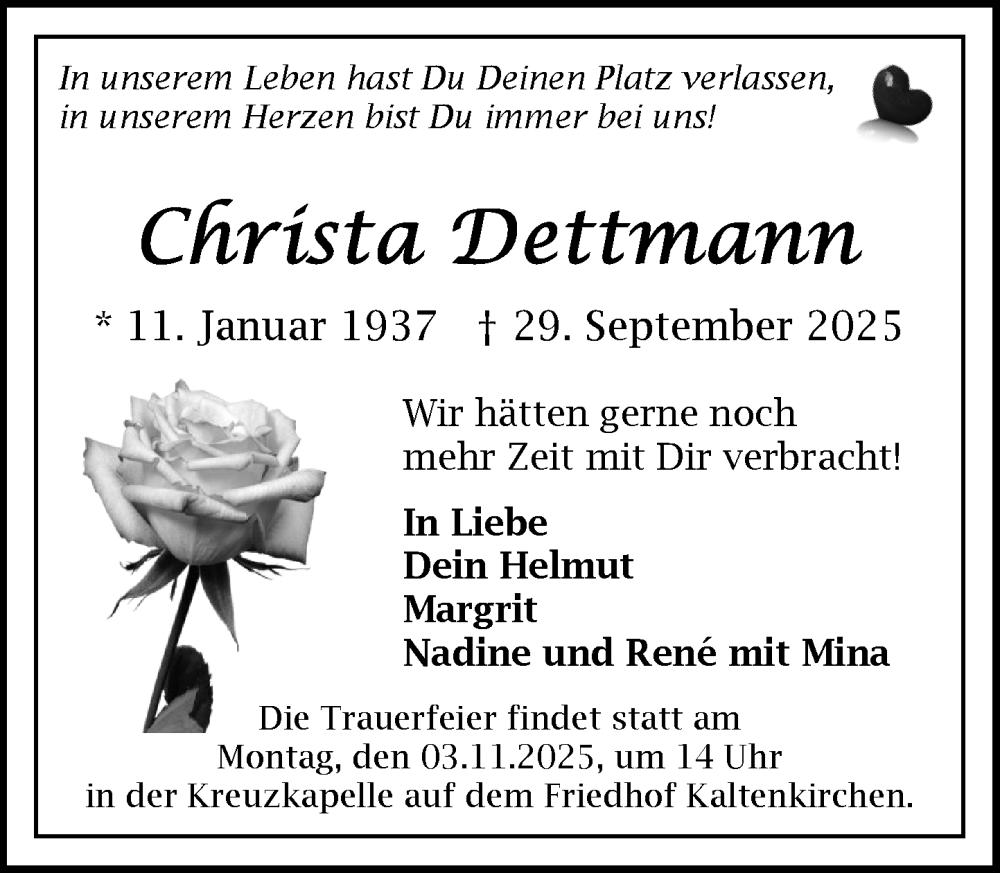  Traueranzeige für Christa Dettmann vom 25.10.2025 aus Umschau