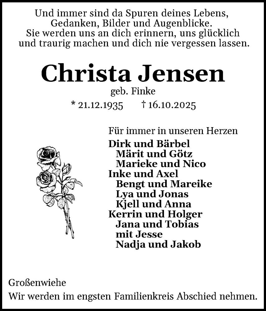  Traueranzeige für Christa Jensen vom 25.10.2025 aus Region Flensburg