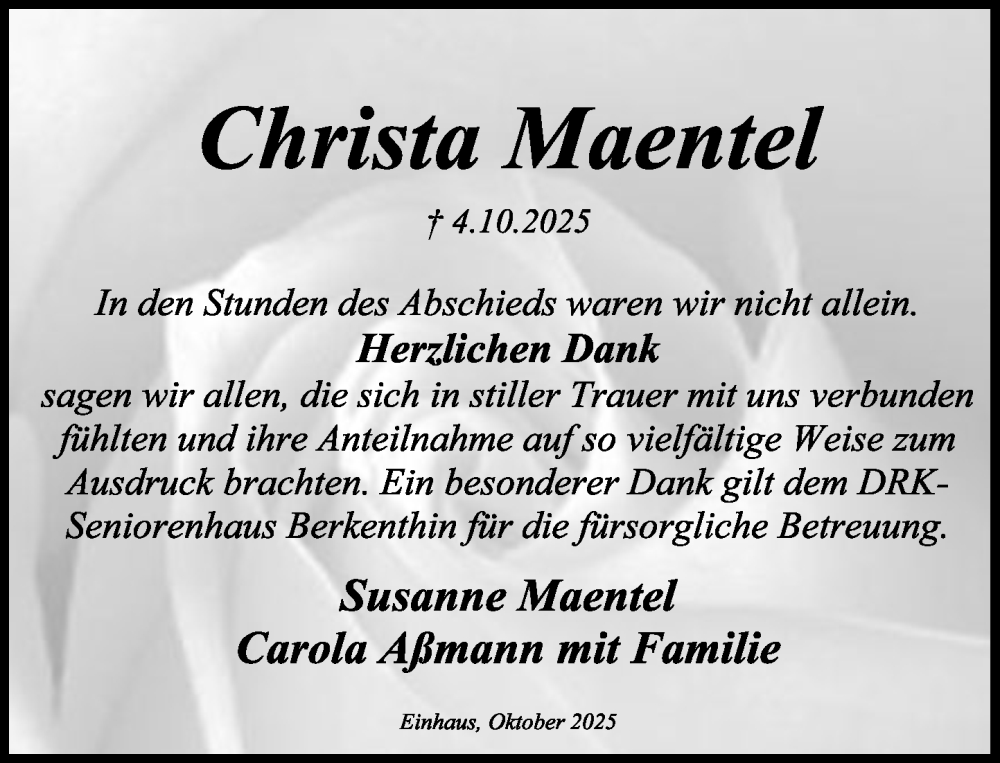  Traueranzeige für Christa Maentel vom 01.11.2025 aus MARKT Ratzeburg/Mölln