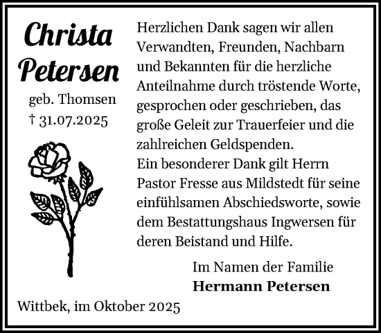 Traueranzeige von Christa Petersen von Husumer Nachrichten, Nordfriesland Tageblatt