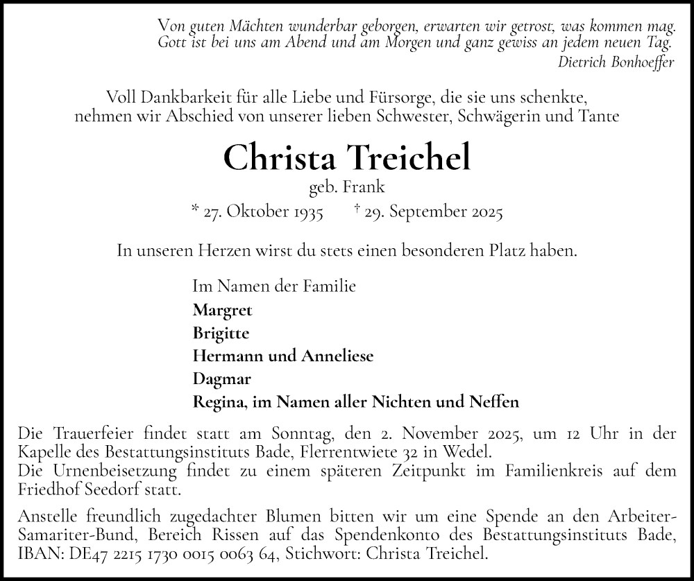  Traueranzeige für Christa Treichel vom 11.10.2025 aus Wedel-Schulauer Tageblatt, tip Wedel-Schulauer Tageblatt, tip Rissener Rundschau
