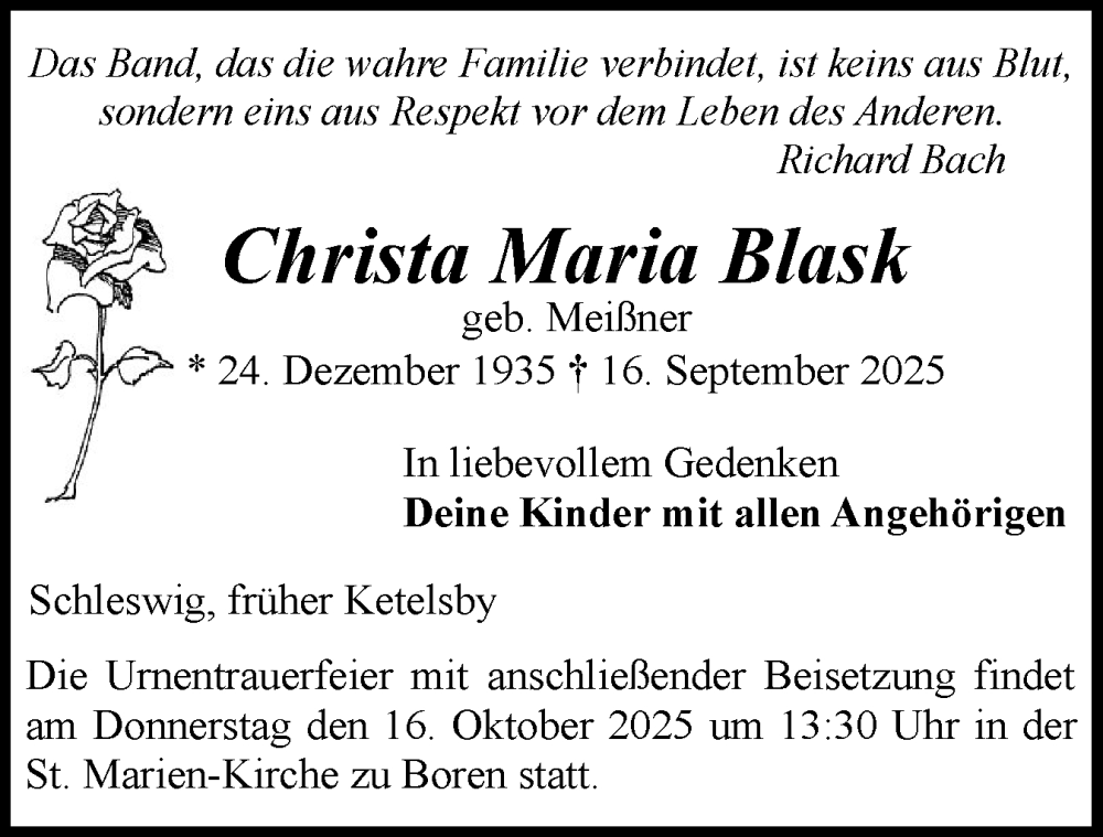  Traueranzeige für Christa Maria Blask vom 04.10.2025 aus Schleswiger Nachrichten, Schlei-Bote