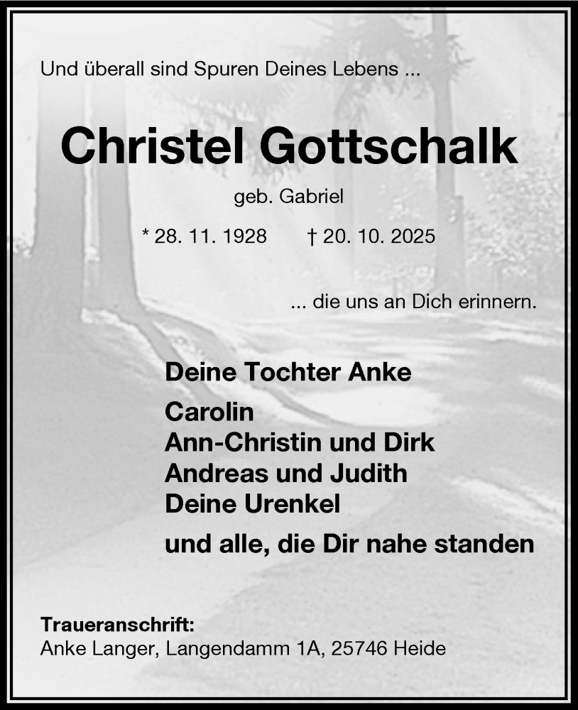  Traueranzeige für Christel Gottschalk vom 01.11.2025 aus Schleswig-Holsteinische Landeszeitung