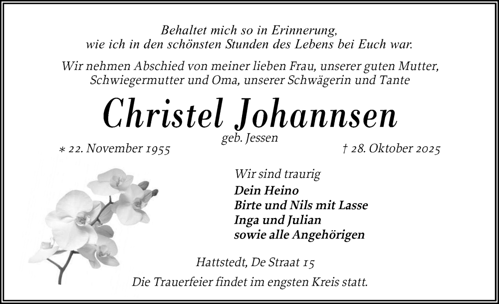  Traueranzeige für Christel Johannsen vom 01.11.2025 aus Husumer Nachrichten, Nordfriesland Tageblatt