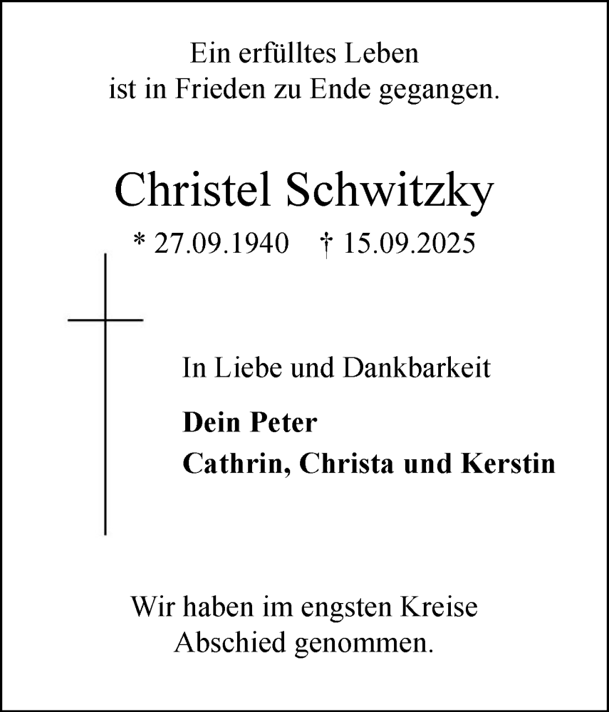  Traueranzeige für Christel Schwitzky vom 04.10.2025 aus Elmshorner Nachrichten, Barmstedter Zeitung