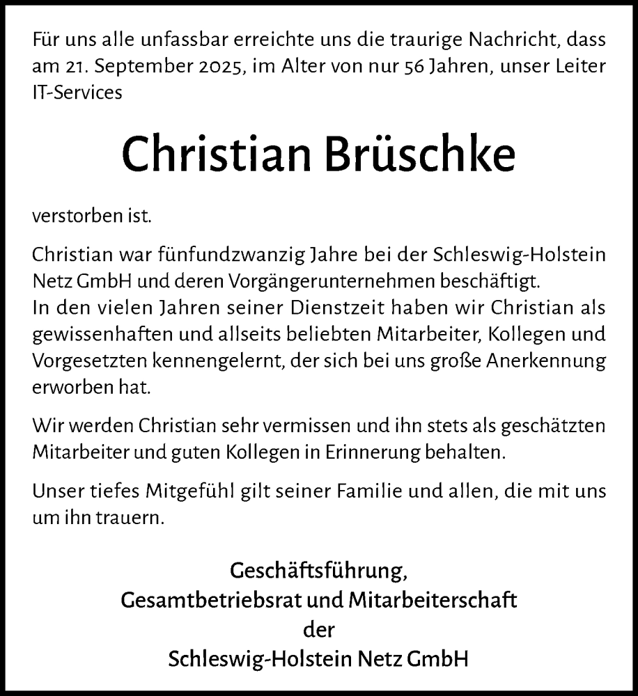  Traueranzeige für Christian Brüschke vom 11.10.2025 aus Umschau