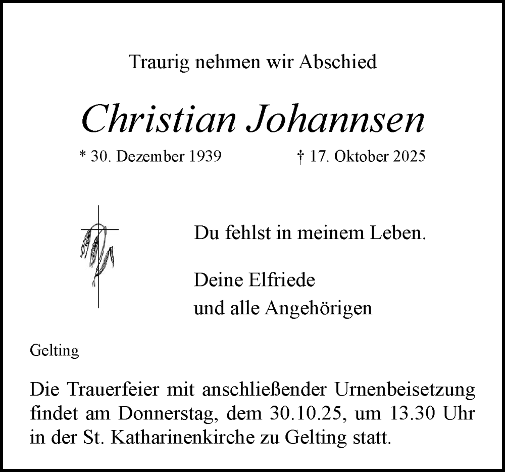  Traueranzeige für Christian Johannsen vom 25.10.2025 aus Flensburger Tageblatt