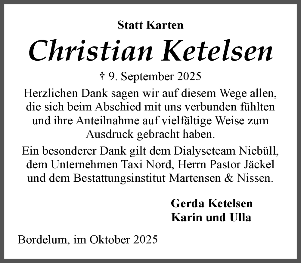  Traueranzeige für Christian Ketelsen vom 18.10.2025 aus Husumer Nachrichten, Nordfriesland Tageblatt