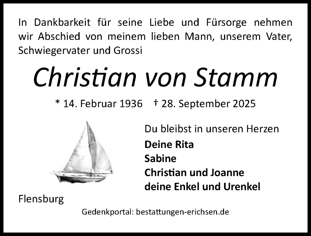  Traueranzeige für Christian von Stamm vom 11.10.2025 aus Flensburger Tageblatt
