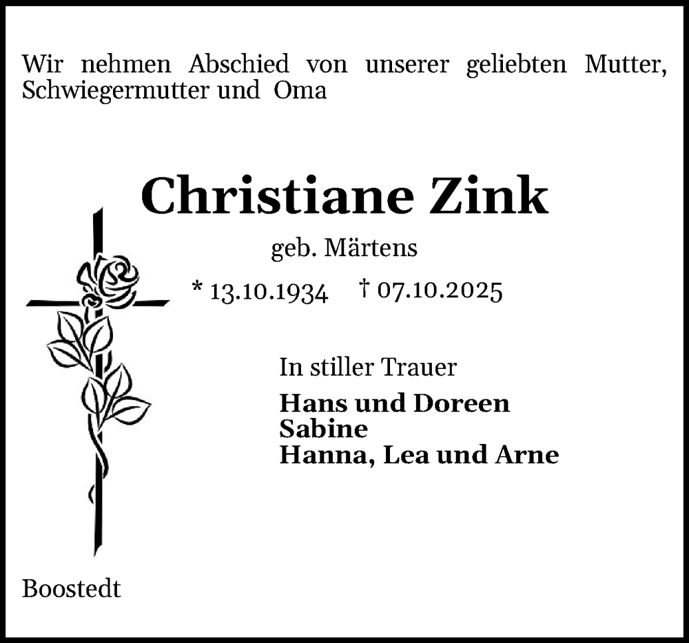  Traueranzeige für Christiane Zink vom 10.10.2025 aus Holsteinischer Courier
