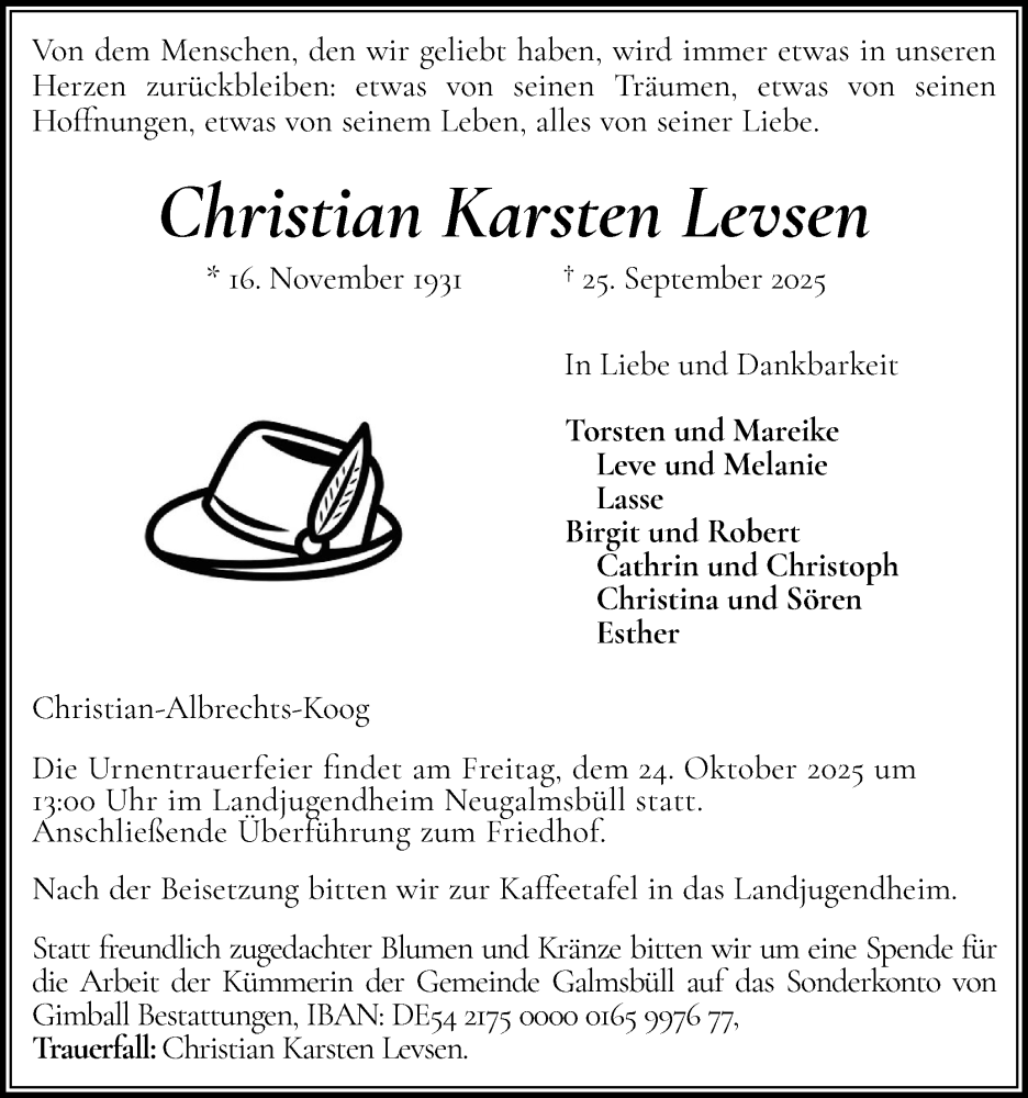  Traueranzeige für Christian Karsten Levsen vom 11.10.2025 aus Husumer Nachrichten, Nordfriesland Tageblatt