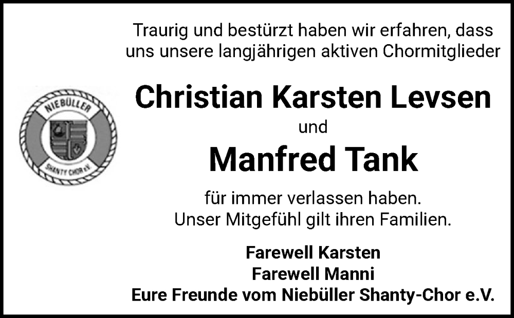  Traueranzeige für Christian Karsten Levsen vom 16.10.2025 aus Husumer Nachrichten, Nordfriesland Tageblatt