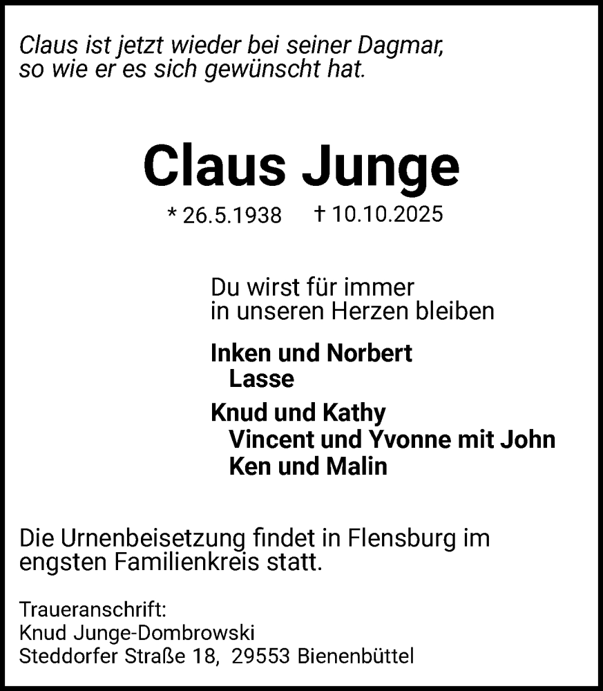  Traueranzeige für Claus Junge vom 01.11.2025 aus Flensburger Tageblatt