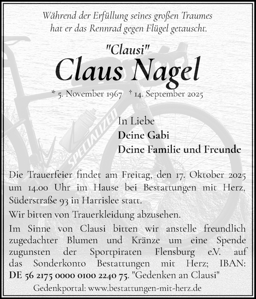  Traueranzeige für Claus Nagel vom 04.10.2025 aus Region Flensburg