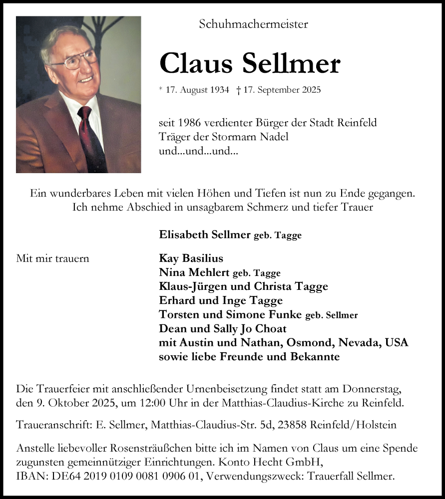  Traueranzeige für Claus Sellmer vom 04.10.2025 aus MARKT Bad Oldesloe/Reinfeld und Stormarner Tageblatt