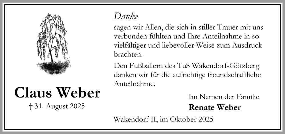  Traueranzeige für Claus Weber vom 25.10.2025 aus Umschau