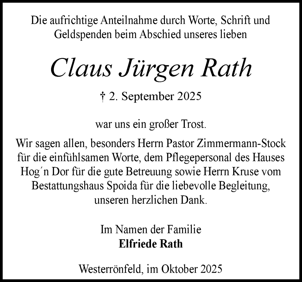  Traueranzeige für Claus Jürgen Rath vom 04.10.2025 aus Schleswig-Holsteinische Landeszeitung