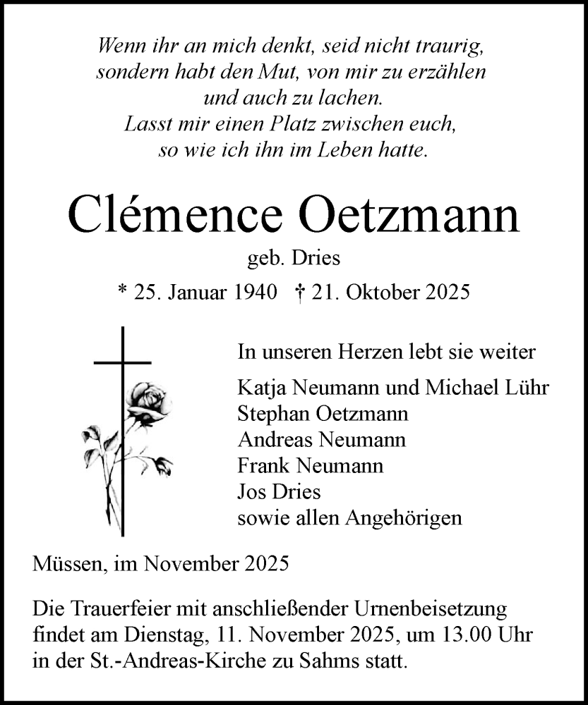  Traueranzeige für Clémence Oetzmann vom 01.11.2025 aus Wochenend Anzeiger