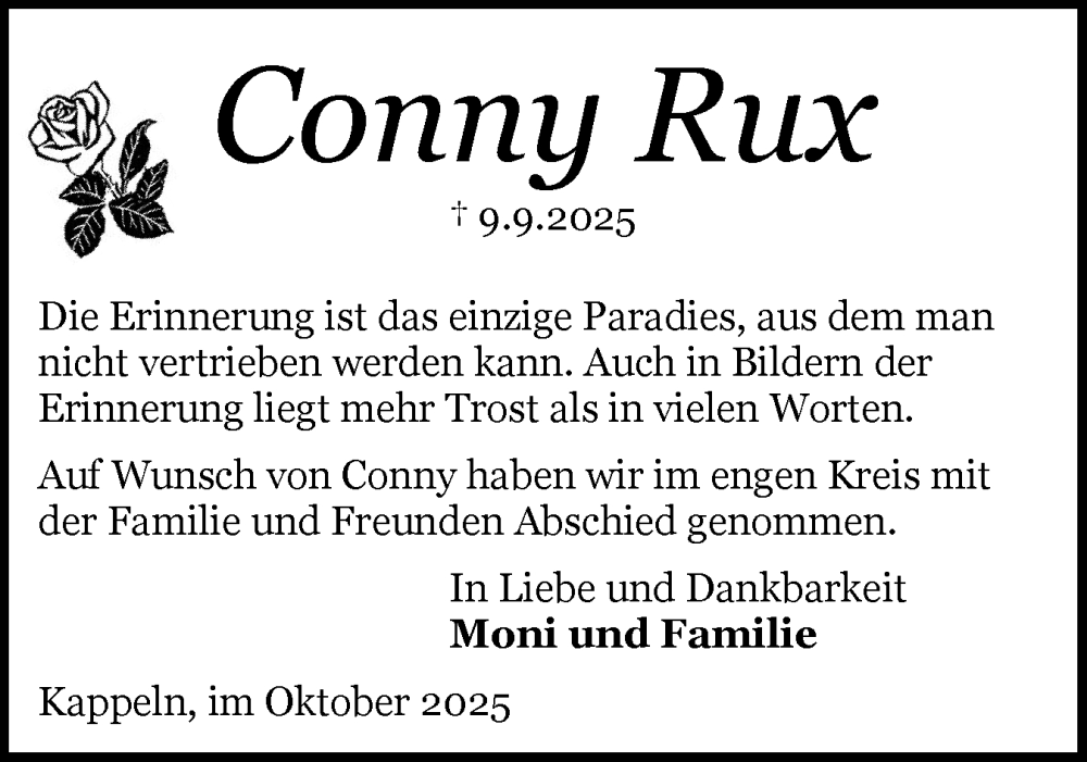  Traueranzeige für Conny Rux vom 18.10.2025 aus Schleswiger Nachrichten, Schlei-Bote