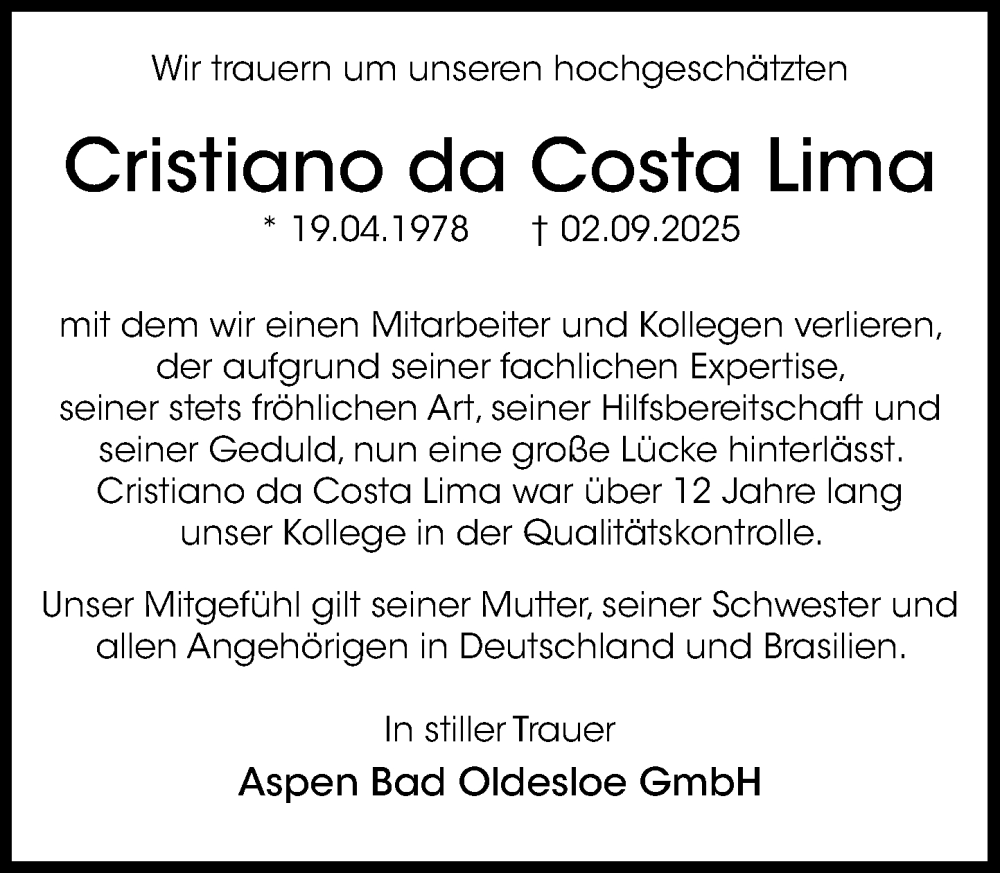  Traueranzeige für Cristiano da Costa Lima vom 04.10.2025 aus MARKT Bad Oldesloe/Reinfeld und Stormarner Tageblatt