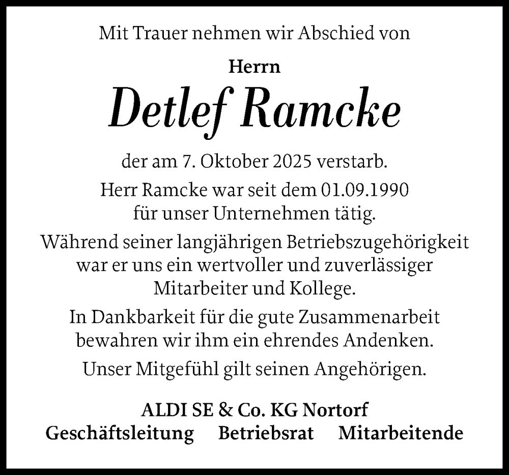  Traueranzeige für Detlef Ramcke vom 25.10.2025 aus A.Beig Südausgabe
