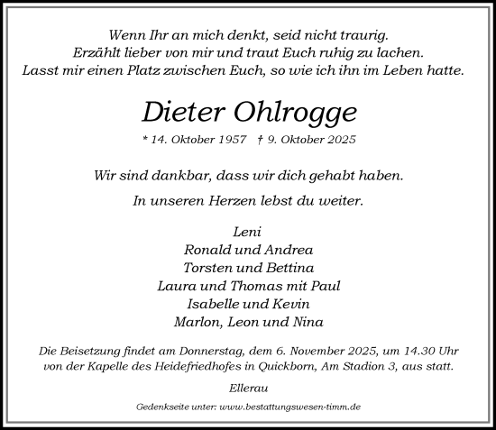 Traueranzeige von Dieter Ohlrogge von Umschau