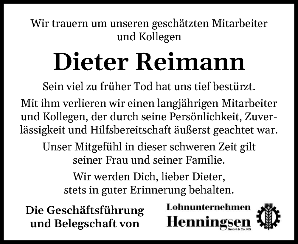  Traueranzeige für Dieter Reimann vom 25.10.2025 aus Flensburger Tageblatt, Schleswiger Nachrichten, Schlei-Bote